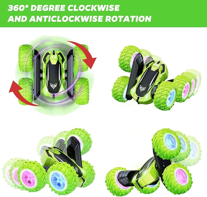 KKONES Remote Control Car 2.4GHz Electric Race Stunt Car Double Sided 360° Rolling Rotating Rotation LED Headlights RC 4WD High Speed Off Road Gift for 3 4 5 6 7 8-12 Year Old Boy Toys (Green)