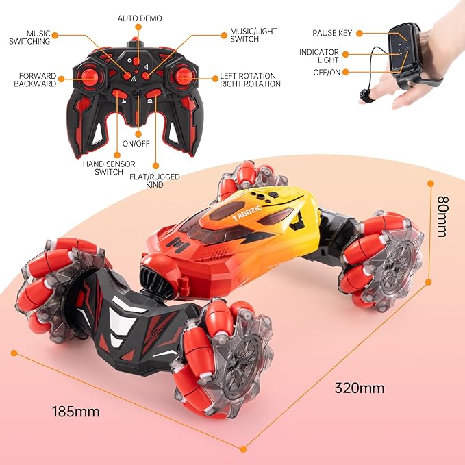 Gesture Sensing RC Stunt Car 2.4GHz 4WD Stunt Car Toys for Ages 6-12 yr Boys Girls Hand Controlled Remote Control Twist Cars Offroad 360° Rotation with Lights and Music for Birthday Gifts