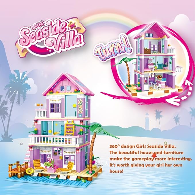 Seaside Villa Building Set 573 Pieces Toys for Girls Building Blocks House Beach Villa Construction Bricks Holiday Cottage Bricks Toys for Girls Age 6+