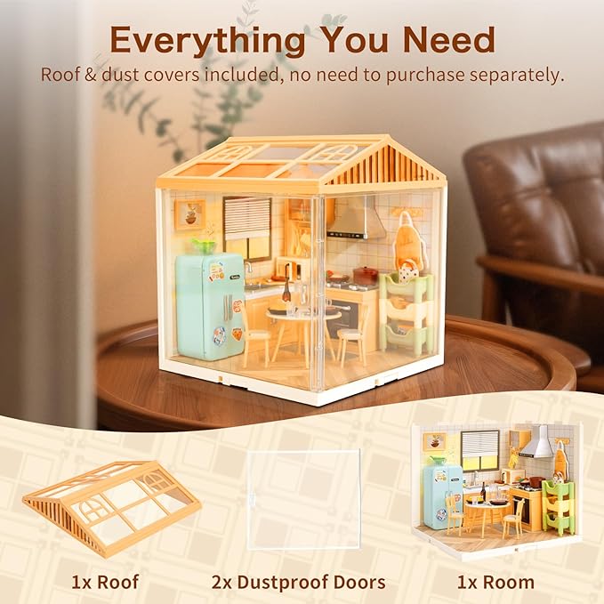 LED Building Blocks for Adults 1:24 DIY Miniature Dollhouse Kits with Roof &amp Dustproof Cover Tiny House Toy Building Sets for Kids Ages 8-12-15 Birthday Hobbies Gift for Men Women Boy Girl