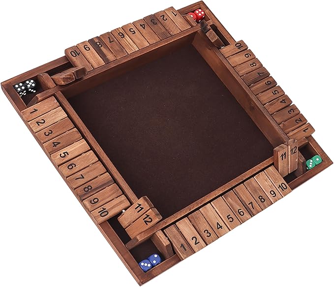 GSE Games &amp Sports Expert 1-4 Player Wooden Shut The Box Board Game with 8 Dice. 4-Way 12 Numbers Shut The Box Dice Set of Popular English Pub Board Game - Walnut