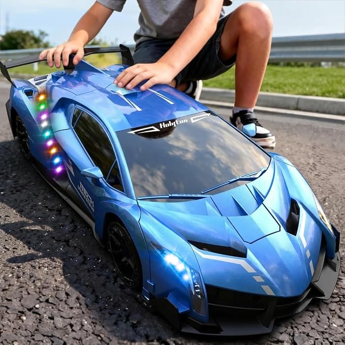 Holyton Big 1:10 Scale Transform RC Car &amp Robot – One-Button Transformation Gesture Sensing LED Lights Music &amp Fog Spray 2 Batteries 80 Mins Play Birthday Gift for Boys Girls Ages 3-12