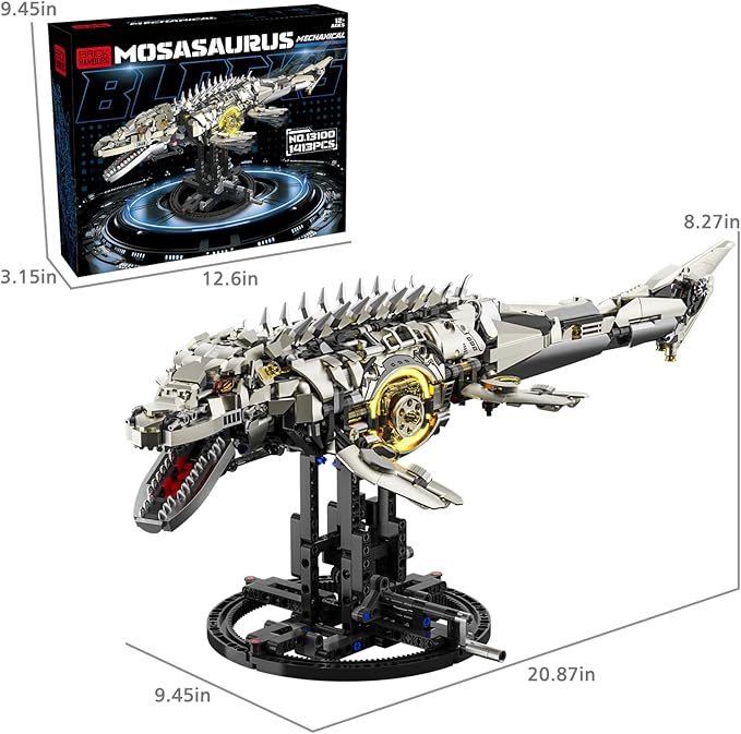 1413-PCS Mechanical Mosasaurus Building Blocks Set with LED Light Movable Linkage Gears Display Stand - Ocean Building Blocks for Adults Teens Kids