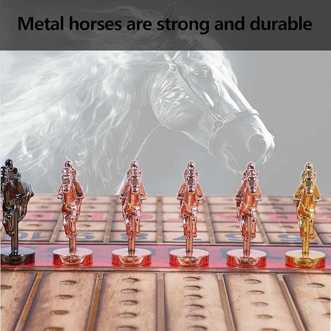 Large 21 inches Horse Racing Board Game with 11 Luxury Metal Horses Thickened Wood Horse Race Game Board with 2 Sets of Dice2 Boxes of Cards and 100 Poker Chips for Parties and Gambling