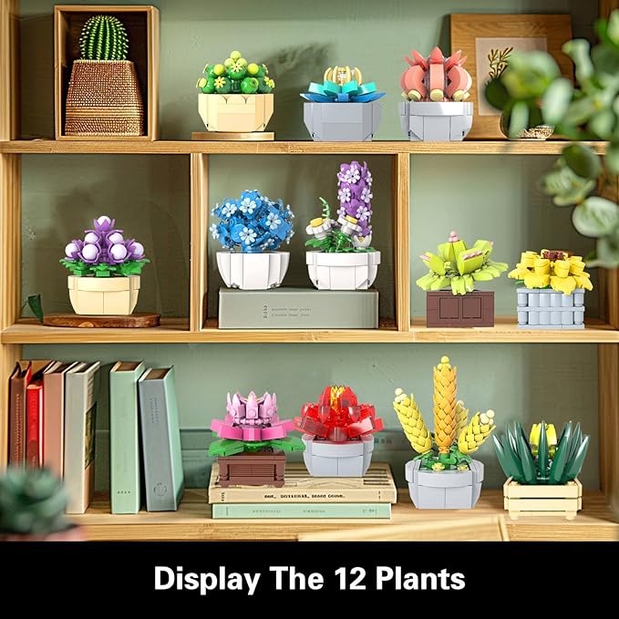Succulents Set for Adults Building Sets 12 Plants Home Decor Birthday Gifts for Women Creative Housewarming Gifts Botanical Collection Flowers Succulents Artificial Plant Kit (1174 piece)
