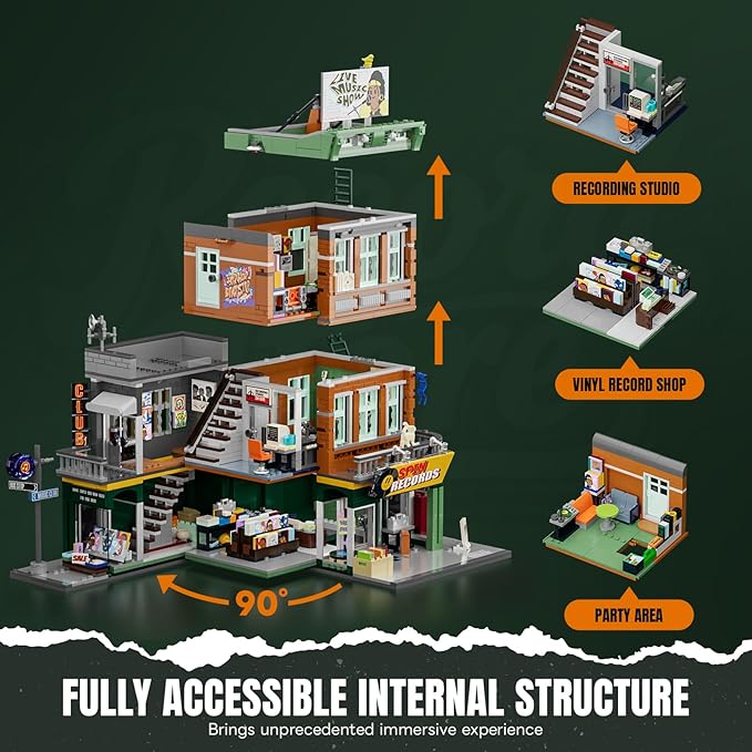 Record Store Lighting Building Bricks Set - Street Fusion City Town Audio Shop Multi-Form Modular Collection Kit 1980 Pcs for Adults &amp Teen &amp Music Lovers
