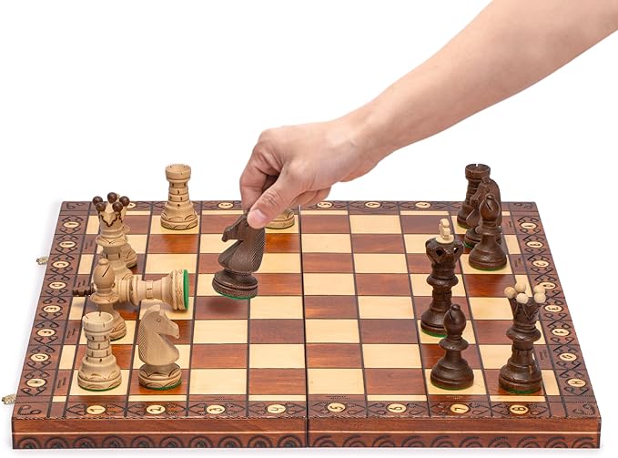 Husaria European International Wooden Chess Game Set Ambassador - 21.7 Inches - Large-Size Chess Set with Handcrafted Chessmen and Felted Folding Board