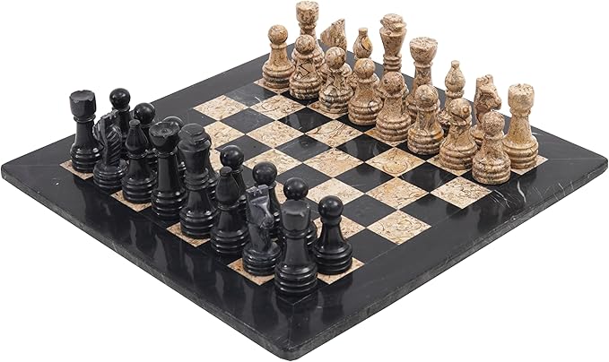 Radicaln Marble Chess Set 15 Inches Handmade Black and Fossil Coral Classic Strategy Board Game for Adults Ideal Marble Chess Board &amp Pieces for Luxury Décor