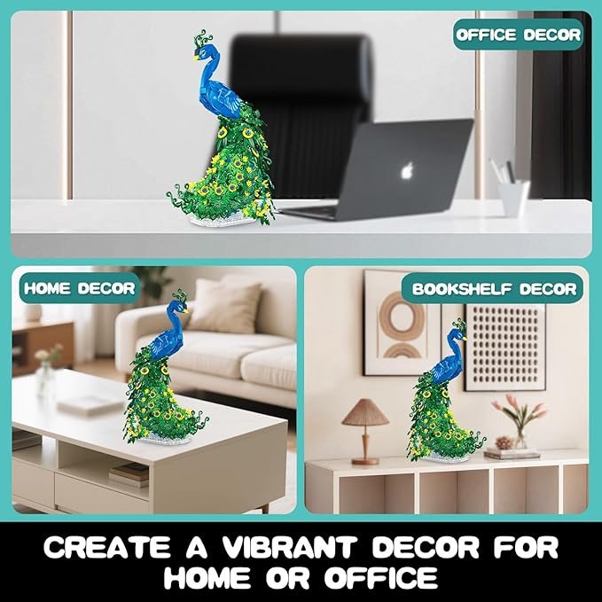 Peacock Flowers Building Set 807PCS Peacock Creative Bird Model Home Deocr and Office Art Gift for Mom Women Girlfriend Adults 14+ (Compatible with Major Brand)