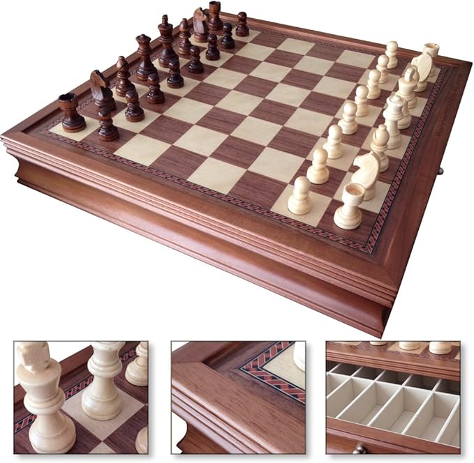 4 Less CO 19 Large Deluxe Chess Board Game Set Box Inlaid Walnut Wood Pieces 1208M