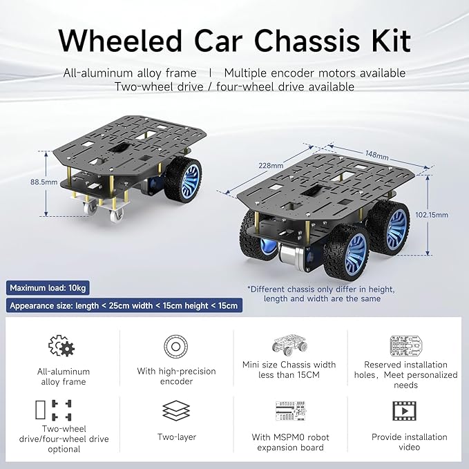 Yahboom 4WD Smart Chassis Car Kit with Aluminum Alloy Chassis520 Encoder Motor65mm WheelsRobotic Moving Platform (Black Unassembled) with Battery