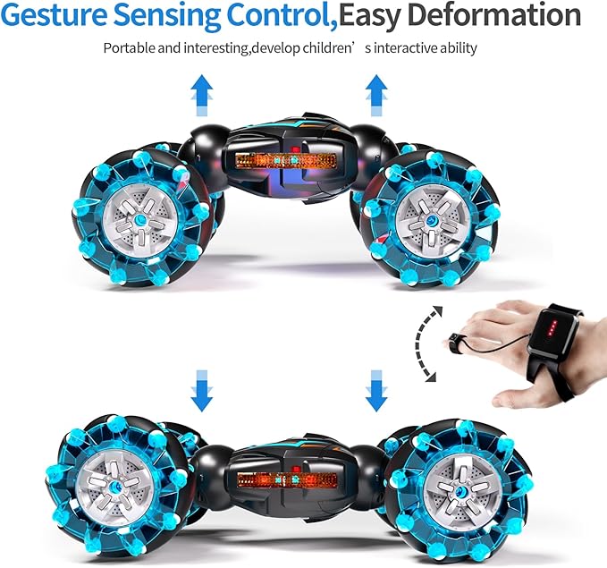 Deejoy 1:12 Gesture Sensing RC Stunt Car 2.4GHz 4WD Hand Controlled Remote Control Car for Boys 8-12 Double Sided Rotating Off Road Vehicle 360° Flips with Lights Music for Birthday