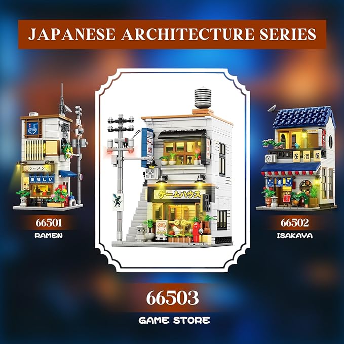 Reobrix Japanese Game Store Building Blocks with Light 2 in 1 Japanese Street View House Model Set 66503 Creative Modern Construction Toy Ideal Collectible Gifts for Adults and Boys