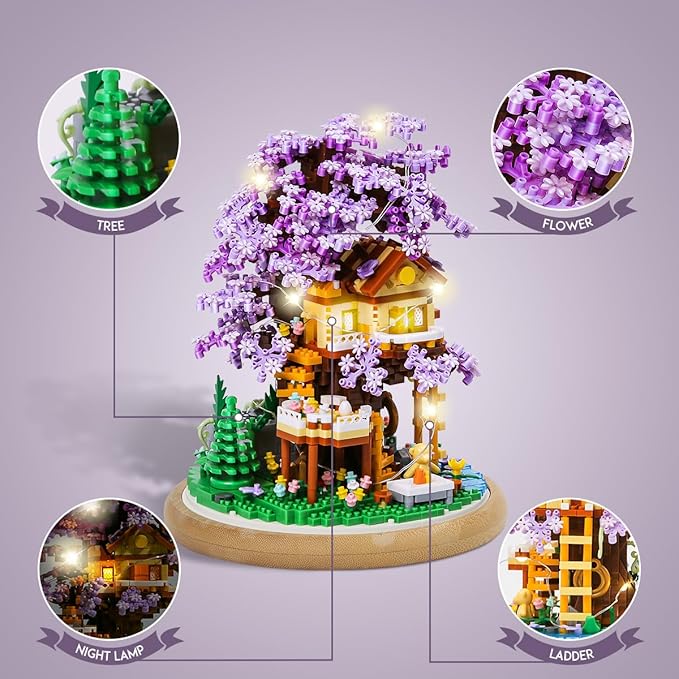 DIY Flower Building Toy Sets Miniature Cherry Blossom Tree House Building Kit Purple &amp Yellow Sakura Flowers Building Blocks Set for Adults &amp Girls - Bonsai Tree Model with Dust Cover