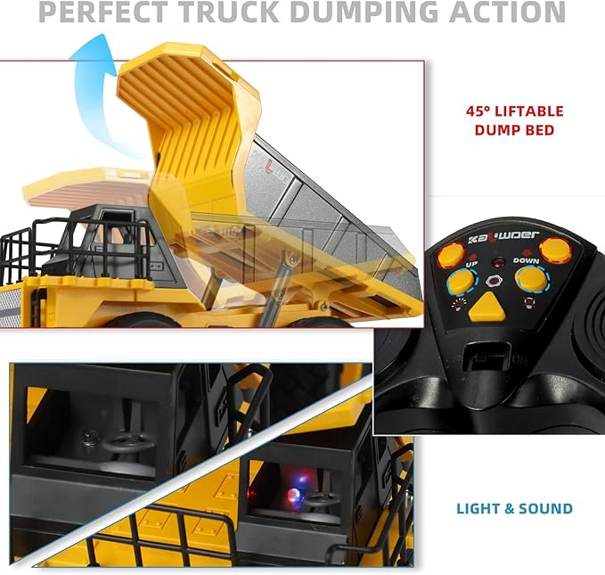 Remote Control Dump Truck for Boys Adults Metal Rc Dump Truck with 1*Rechargeable Battery and 2*AA Battery 9-Channel Construction Vehicle STEM Gift for Kids Birthday or Christmas