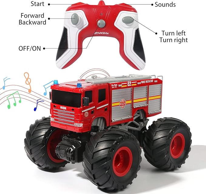 Remote Control Fire Truck Monster Truck Toy1/18 RC Fire Truck2.4GHz Offroad Hobby RC Racing Car with LED High Speed Best Gift for Kids