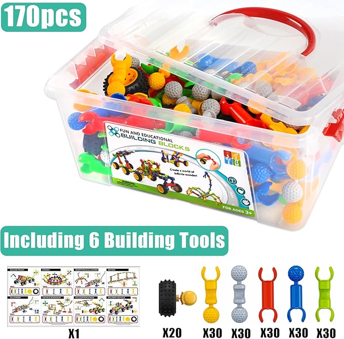 170 Pcs STEM Building Toys for Kids Ages 4-8 Building Blocks Educational Construction Engineering Building Kit for Ages 3 4 5 6 7 8 9 Year Old Creative Kids Games Christmas Birthday Gifts Boys Girls