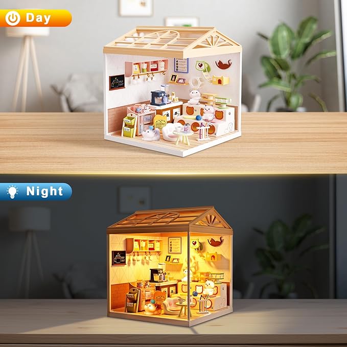 DIY Miniature House Kit with LED Lights Whimsical Cat Cafe Miniature Kit with Roof &amp Dust Covers for Teens DIY Coffee Shop with Cats &amp Furniture Creative Christmas Decoration Gift Idea