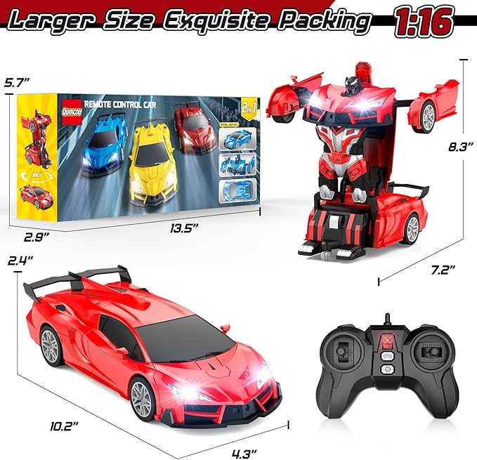 Transform Remote Control Car RC Cars for Boys Age 3-5 6-8 One-Button Transform Toy Cars 2.4GHz 360° Spin 1:16 Scale Flashing Headlight3-8 Year Old Grandkids Christmas Birthday Gifts
