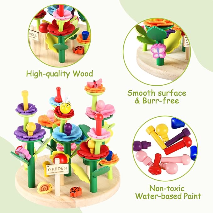 Wooden Flower Garden Building Toys for Kids STEM Educational Activity Preschool Kit Gift for Boys Girls Age 3 4 5 6 7 Years Old Stacking Game for Toddlers Build a Bouquet Spring Gifts
