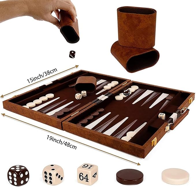 15inch Backgammon Set Classic Folding Board with Leather Case Portable Travel Game Ideal Gift Package for Strategy Lovers