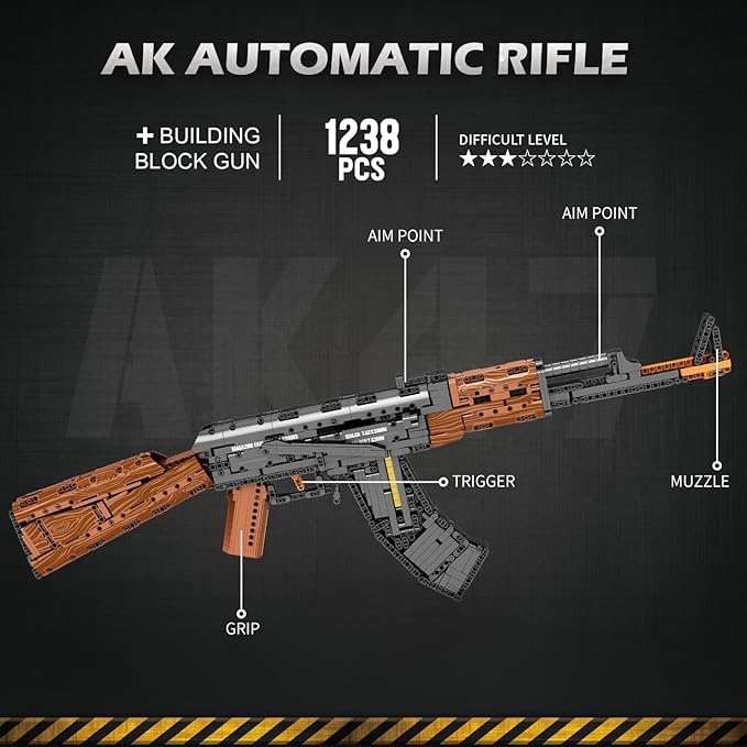 Reobrix Building Block Gun Toy Set for Adults 1238Pcs 1:1 AK-47 Model Kit Collectible Military Gun for Display Ideal Gifts for Military Enthusiasts 14+