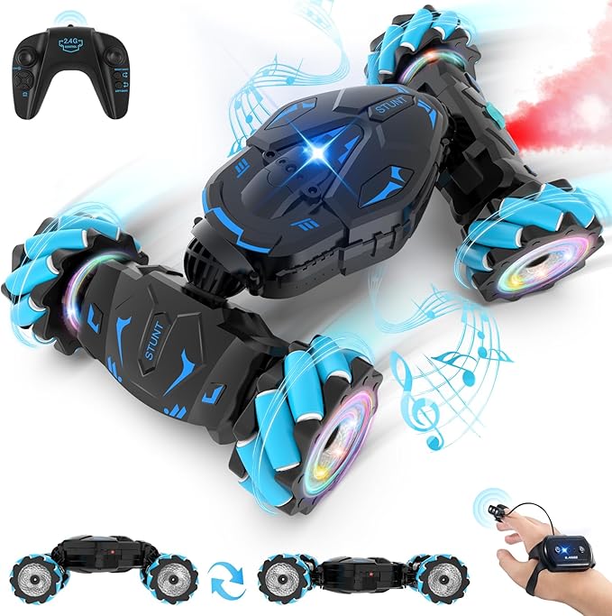 Pristar RC Cars Gesture Sensing Stunt Car Best Gifts for Boys 6-12 2.4Ghz Remote Control Car Toys for Boys Age 6 7 8 9 10 11 12 Double Sided Flip 360° Rotate 4WD Off-Road with Spray Lights Music