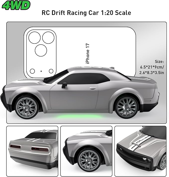 RC Drift Car Remote Control Car 2.4GHz 1:20 Scale 4WD 20KM/H High Speed Remote Control Cars Vehicle with LED Lights Drifting Tire 2Pcs Rechargeable Batteries Toy Cars for Adults Boys Girls (Silver)