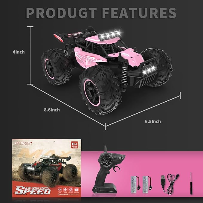 Carox Remote Control Car 2.4GHz 25KM/H High Speed RC Car 1:18 Off-Road Monster Truck with LED Lights and 1800mAh Rechargeable Battery – Ideal Gift for Boys 6+