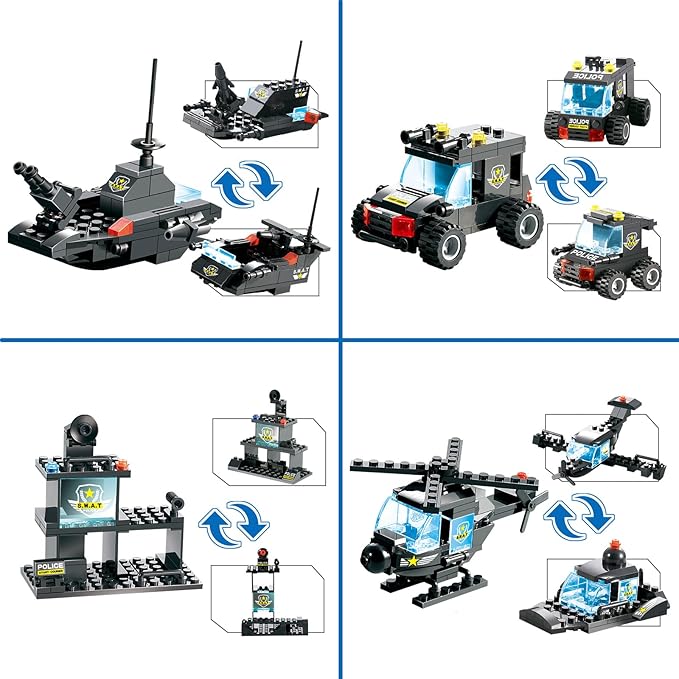 8 in 1 City Police Station Building Kit SWAT Mobile Command Center Truck Building Toy with Police Car Helicopter Patrol Boat Best Learning and Roleplay Swat Toy Gift for Boys and Girls-647 Pieces