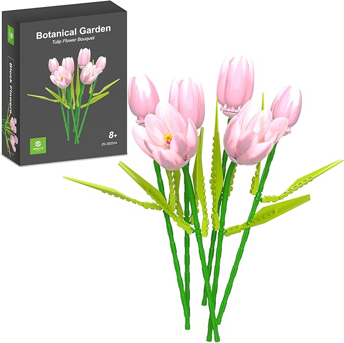 Flower Bouquet Building Toy Set Tulips Botanical Building Blocks for Adults Home Office Decor Pink Color