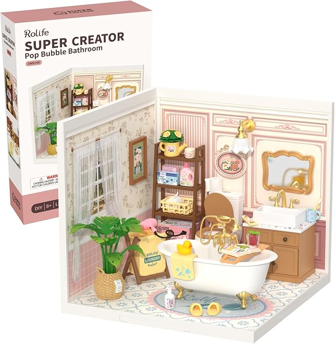 Rolife Super Creator-DIY Plastic Miniature House for Adults Mini Blocks Model Kit Building Sets DIY Crafts/Hobbies/Building Blocks Toys for Adults (Pop Bubble Bathroom)