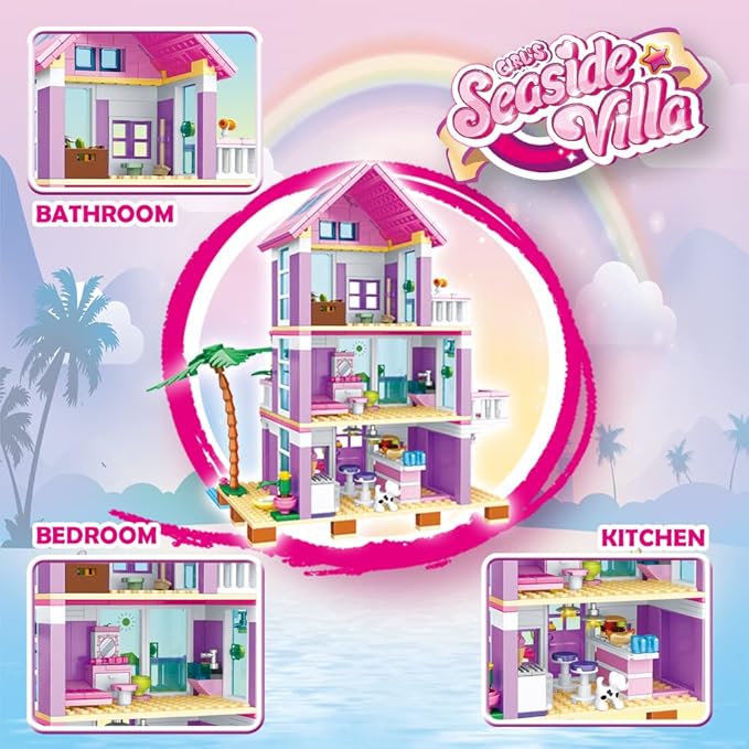 Seaside Villa Building Set 573 Pieces Toys for Girls Building Blocks House Beach Villa Construction Bricks Holiday Cottage Bricks Toys for Girls Age 6+