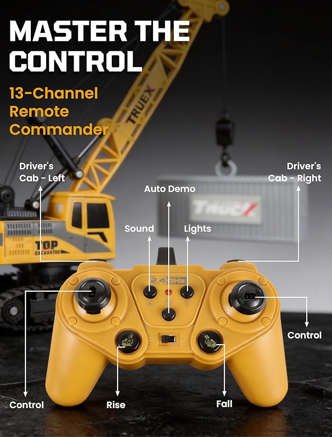 RC Grane Toy Metal Hook with 4*Battery Set for Boys Professional 11-Channel Remote Control Construction Vehicle Grane Container Included for Kids