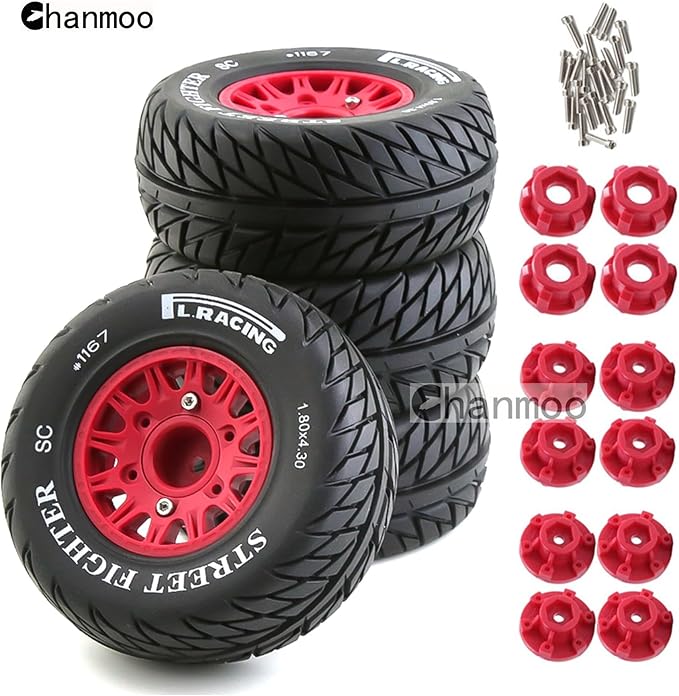 1/10 RC Short Course Truck Tires And Wheels With 12mm 14mm 17mm Hex 113mm 1/8 Rubber Tyres For 1/8 or 1/10 Scale On Road Car HSP Sonic 94102 GT PTG-2 Tamiya TT02 RC Racing Car 4PCS (Red B)