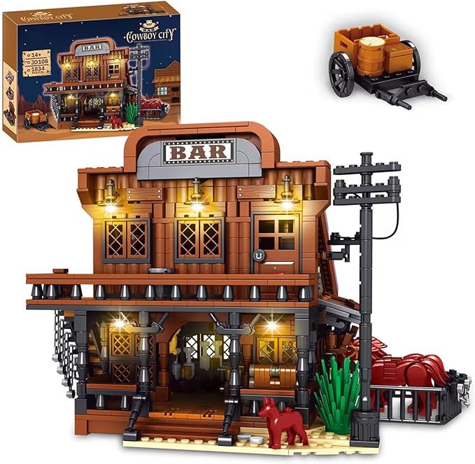 Western Bar Modular Building Set for Adults Wild West Cowboys Cabin with Horses &amp LED Lights Collection House Set for West Lovers (1834 PCS)