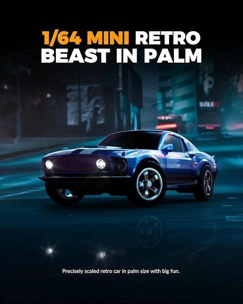 1/64 Scale Drift RC Car2.4Ghz Mini Sports CarEquipped with LED Lights and Mustang Retro Cars with Built-in GyroscopeProfessional Rear Wheel Drive30 Minute Driving Time (Silvery)