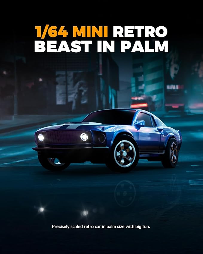 1/64 Scale Drift RC Car2.4Ghz Mini Sports CarEquipped with LED Lights and Mustang Retro Cars with Built-in GyroscopeProfessional Rear Wheel Drive30 Minute Driving Time (Black)