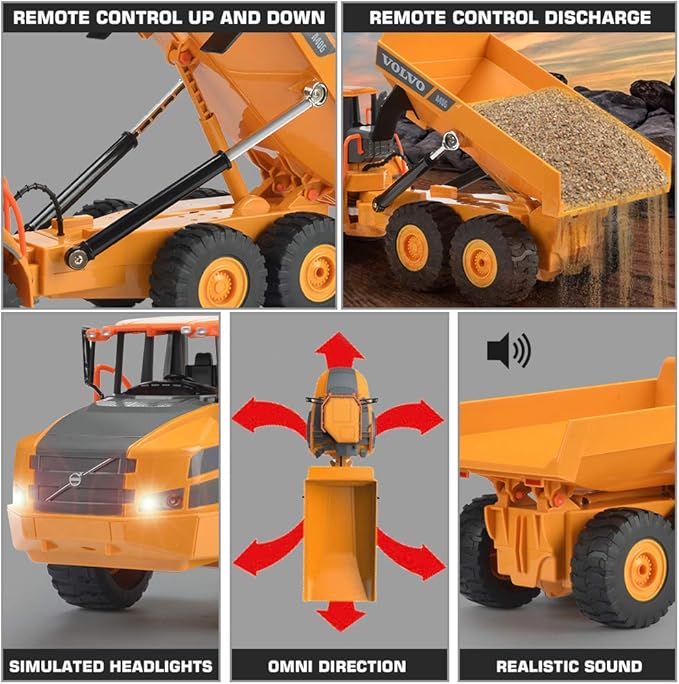 DOUBLE E Volvo RC Dump Truck Toy for Kids Articulated Hauler Remote Control Construction Toys Vehicles with Lights Birthday Gifts Ideas for Boys Age 6 7 8 9 10 Year Old and up