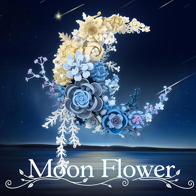 Flower Building Set for Adults Crescent Moon Botanical Art Display Creative Floral Home Décor for Table or Wall Gift for Flower Lovers