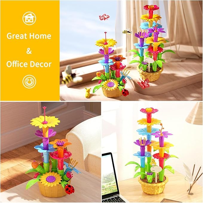 TEMI 138 PCS Flower Garden Building Toys for Girls Toys Educational STEM Toy and Preschool Garden Play Set for Toddlers 3 4 5 6 7 8 Year Old Kids Boys Girls Flower Stacking Toys for Kids Age 3-6