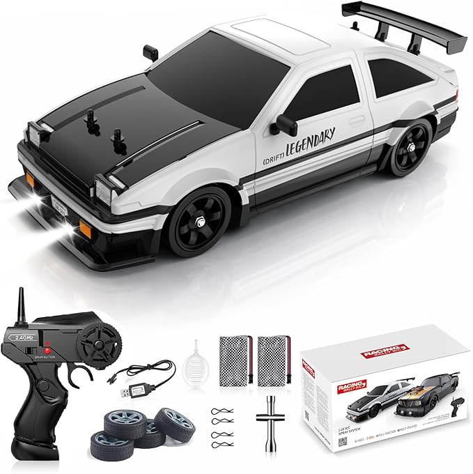 Remote Control Car RC Drift Car 1:16 Scale 4WD 18KM/H High Speed Model Vehicle 2.4GHz with LED Lights Spray Rubber Tire Racing Sport Toy for Adults Boys Girls Kids Gift 2Pcs Rechargeable Batteries