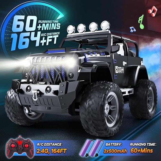 1:16 Remote Control Car with Spray Lights and Sound 2.4GHz Remote Control Jeep for Kids All Terrain Off-Road Jeep RC Car Toys Gift for Boys and Girls