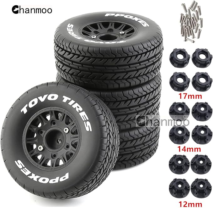 1/10 RC Short Course Truck Tires And Wheels With 12mm 14mm 17mm Hex 113mm 1/8 Rubber Tyres For 1/8 or 1/10 Scale On Road Car HSP Sonic 94102 GT PTG-2 Tamiya TT02 RC Racing Car 4PCS (Black A)