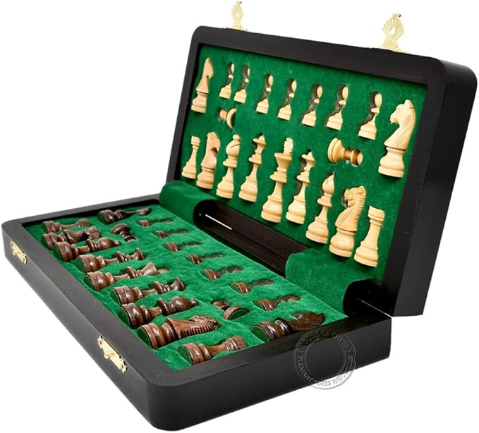 House of Chess - 10 Inch Wooden Magnetic Folding Travel Chess Set/Board with 2 Extra Knights 2 Extra Pawns 2 Extra Queens and Algebraic Notation - Handmade - Premium Quality