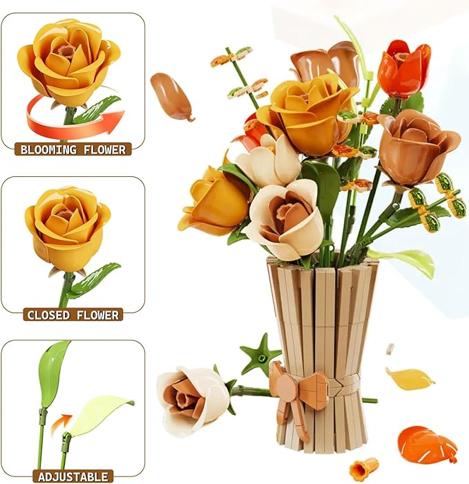 Bagari Roses Bouquet Building Set - Artificial Flowers Building Blocks with Vase Compatible with Lego Kit for Adults - Collection for Home Office Decor Gifts for Women Men Birthday Anniversary 868PCS