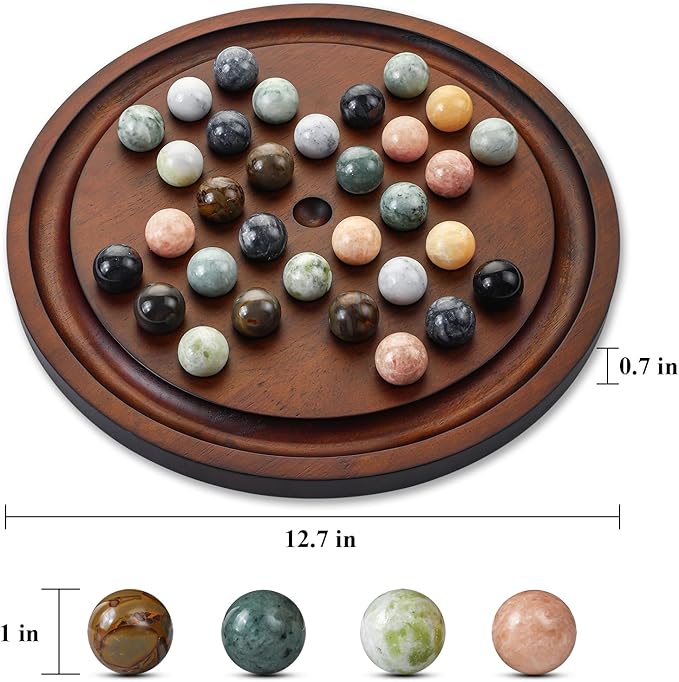 Solitaire Game12.7-Inch inches Solid Wooden Board with 33 Natural Marble Balls Deluxe Solitaire Game Set Single-Player Strategy Board Game and Smart Games