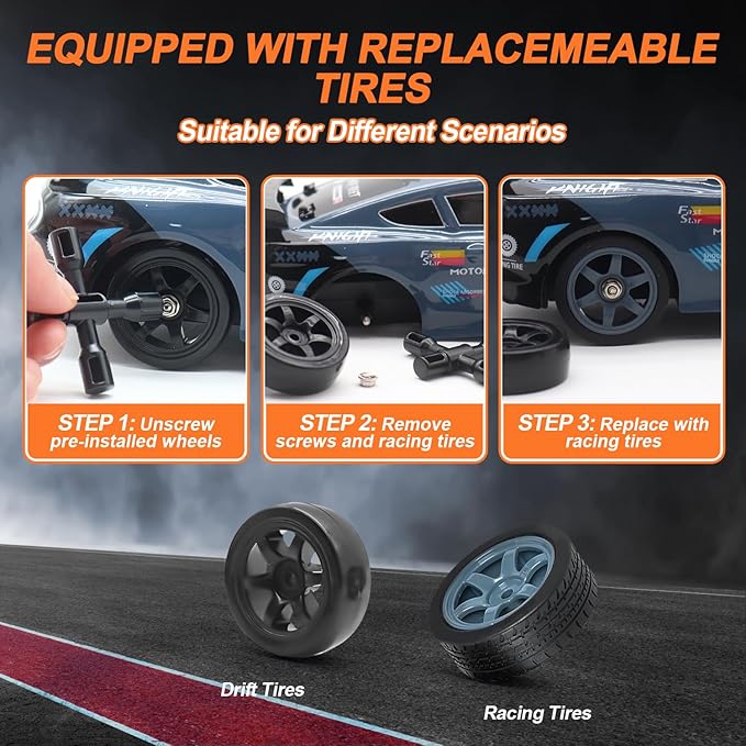 Dollox Remote Control Car 1/16 Scale RC Drift Car 2.4GHz 4WD High Speed 18+KM/H Vehicle with LED Lights and Spray Extra Drifting Tires Racing Vehicle Toys Birthday Gifts for Adults Boys 2 Batteries