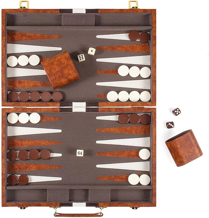 AMEROUS Backgammon Set 15 Inches Classic Board Game with Leather Case Folding Board Gift Package Portable Travel Strategy Backgammon Game Set for Adults Kids (Medium Brown)