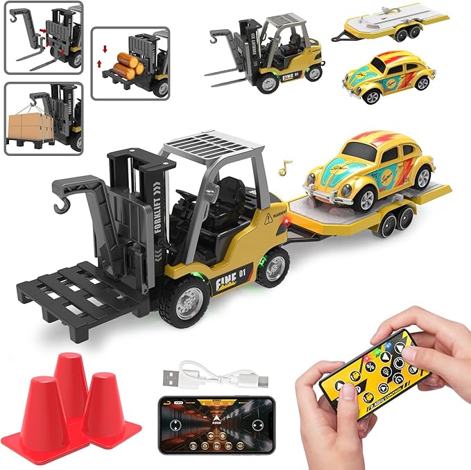1/64 RC Forklift ToyToys for 6 7 8 9 Year Old Kids Boys2 in 1 Transformable Lift Fork &amp Hook with Lights &amp SoundsRemote Control Car with TrailerRC Construction Toys Kids Gifts